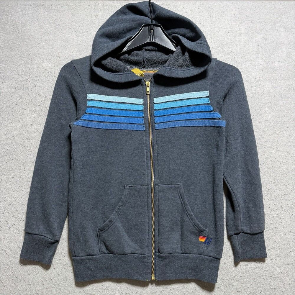 Aviator Nation 5 Stripe Hoodie Youth 6 Charcoal Gray Blue Gradient Full Zip USA